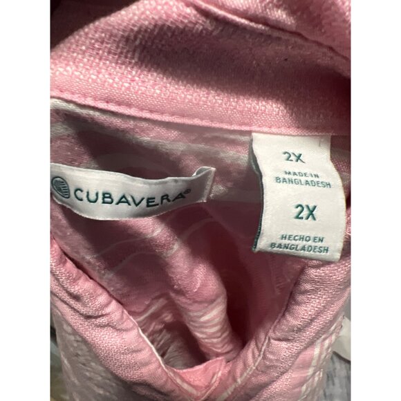 Cubavera Mens 2X Pink & White Striped Linen Cotton Short Sleeve Button-Down Shir - Picture 4 of 6